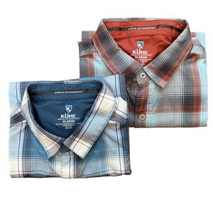 Lot of 2 Kuhl Plaid Button Down Shirts Mens XL Blue Rust Short Sleeve Hiking
